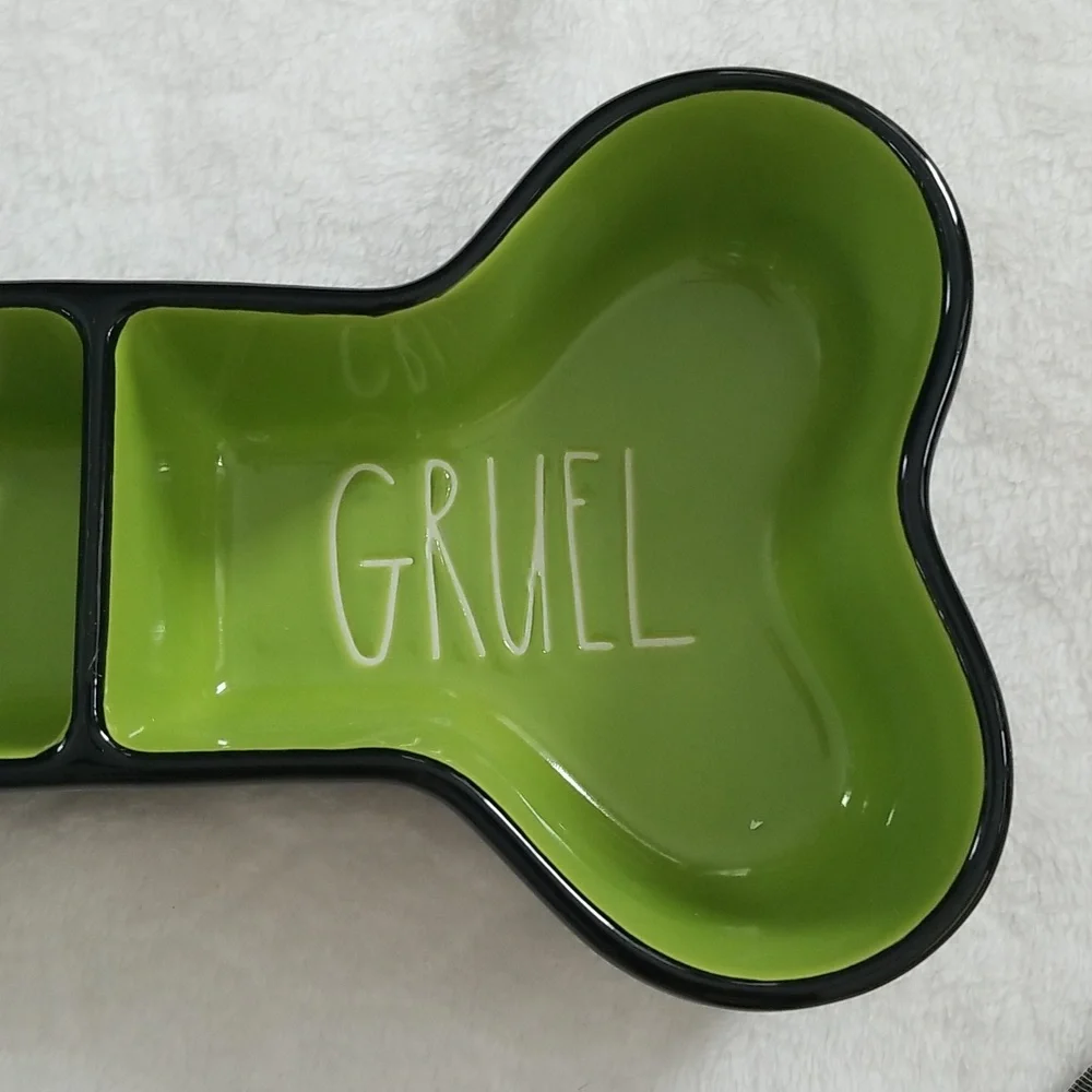 Rae Dunn Brew and Gruel Pet Bowl Bone shape green black